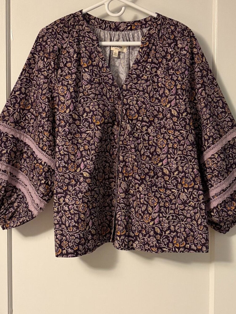 Porridge dark floral peasant blouse puff sleeves lace inserts size large boho
